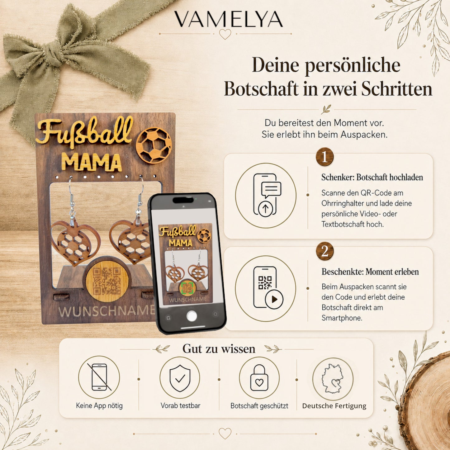 Personalisiertes Geschenkset für Fußball-Mamas – Ohrringhalter aus edlem Kirschholz mit QR-Botschaft