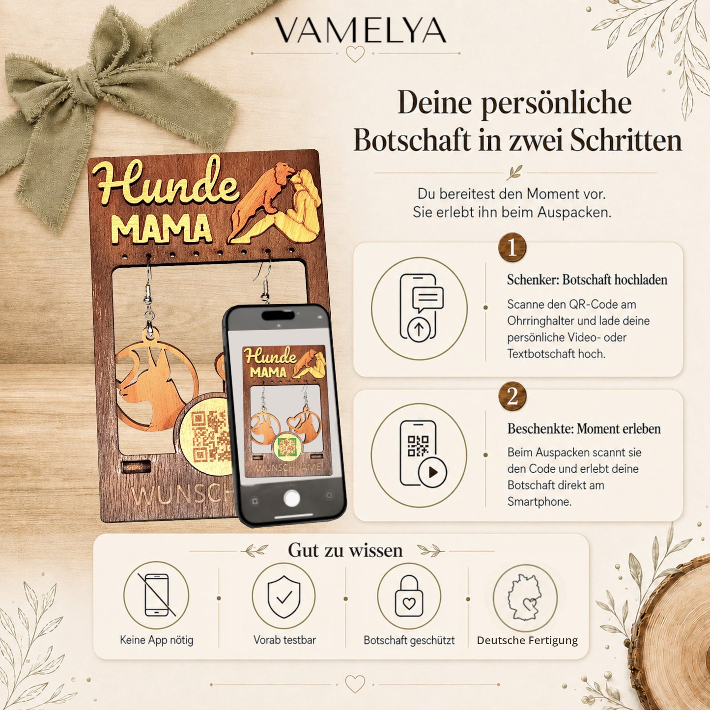Personalisiertes Geschenkset für Hunde-Mamas – Ohrringhalter aus edlem Kirschholz mit QR-Botschaft