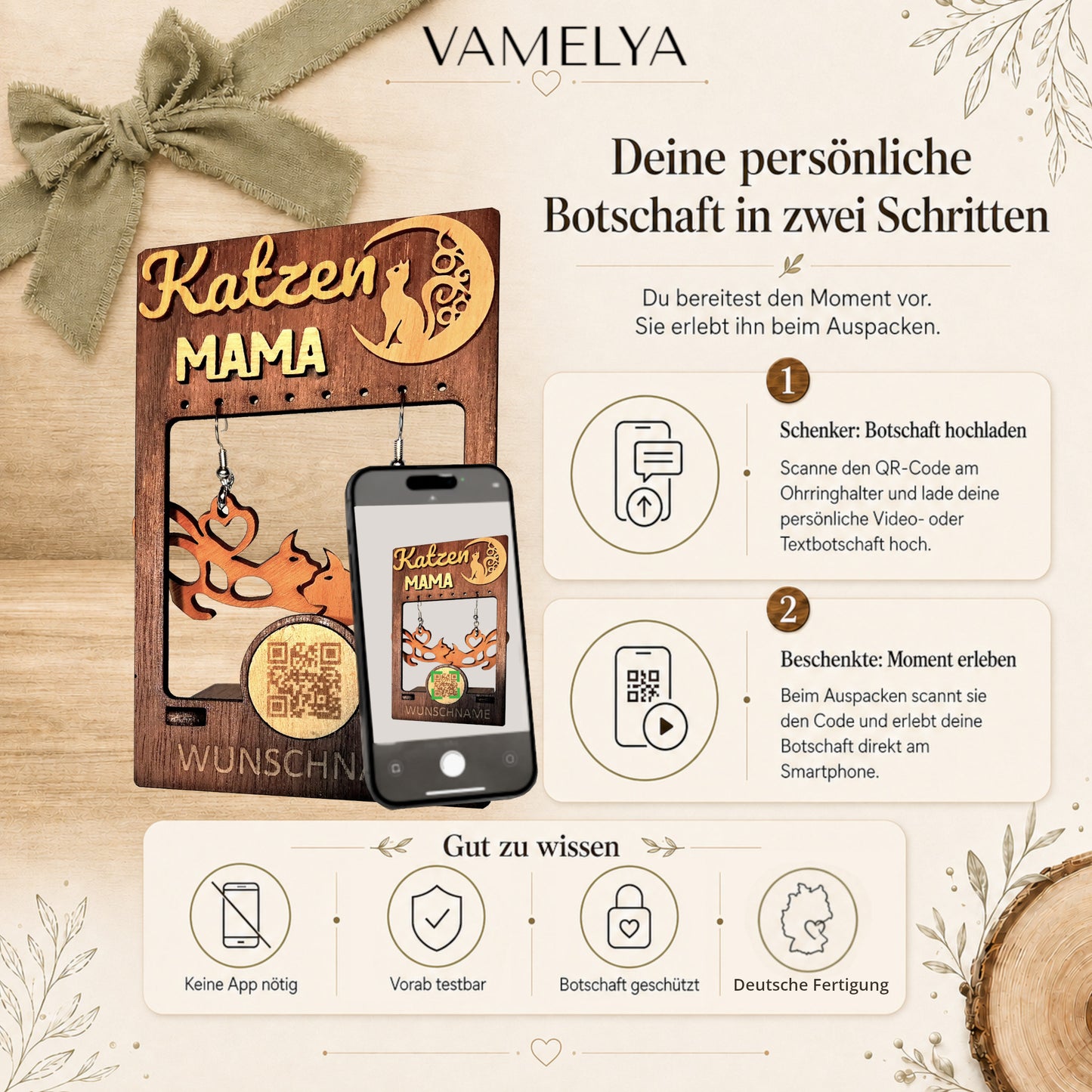 Personalisiertes Geschenkset für Katzen-Mamas – Ohrringen aus edlem Kirschholz mit QR-Botschaft