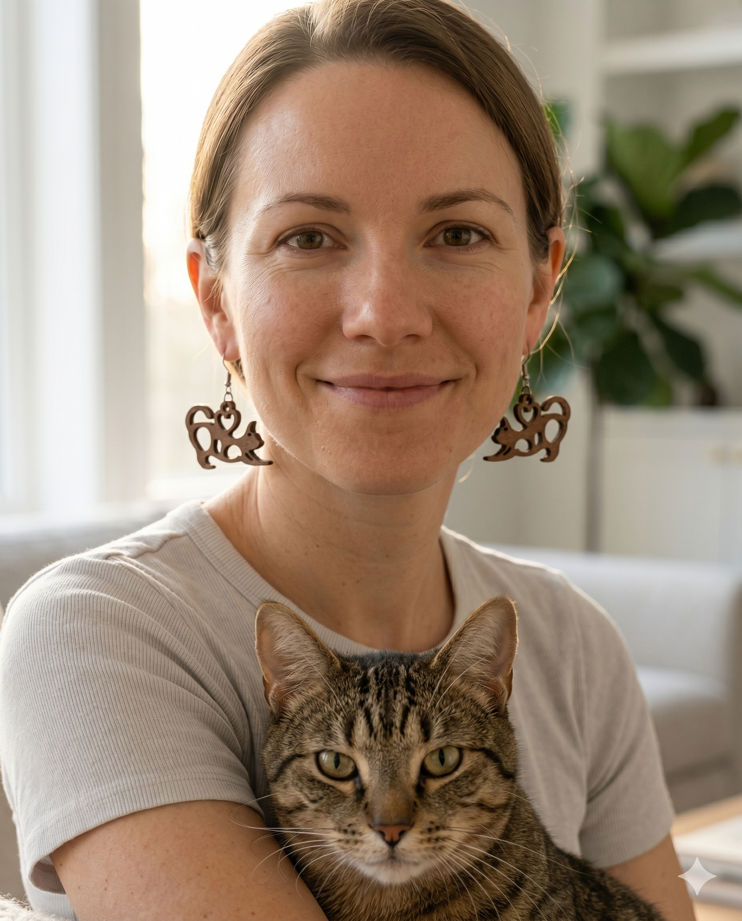Personalisiertes Geschenkset für Katzen-Mamas – Ohrringen aus edlem Walnussholz mit QR-Botschaft
