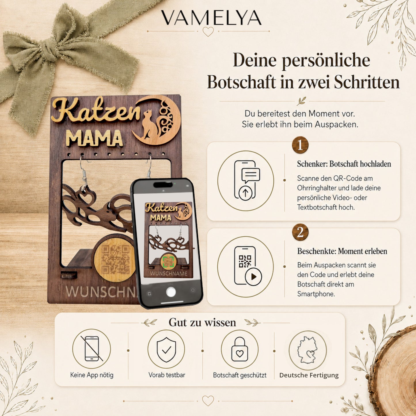 Personalisiertes Geschenkset für Katzen-Mamas – Ohrringen aus edlem Walnussholz mit QR-Botschaft