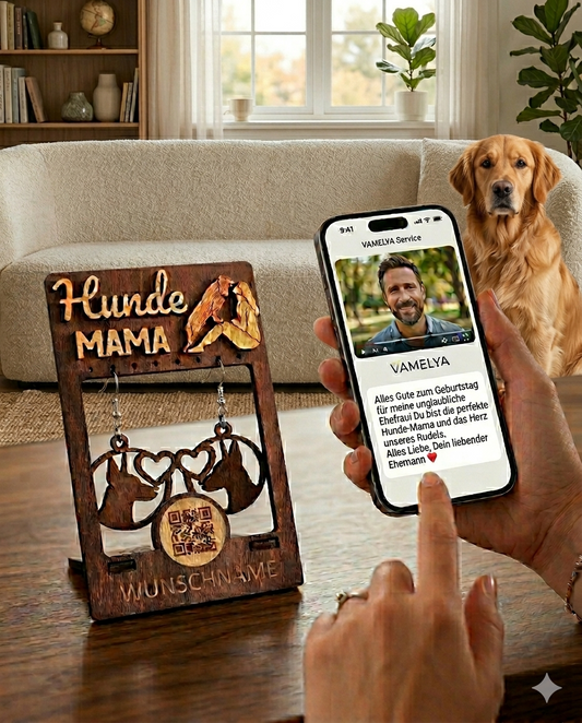 Personalisiertes Geschenkset für Hunde-Mamas – Ohrringhalter aus edlem Nussholz mit QR-Botschaft