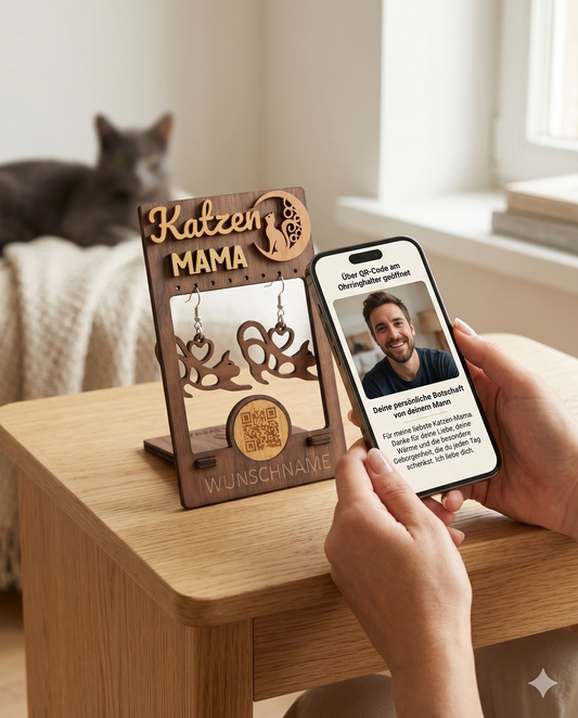 Personalisiertes Geschenkset für Katzen-Mamas – Ohrringen aus edlem Walnussholz mit QR-Botschaft